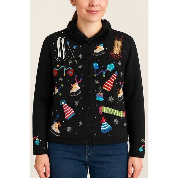 Vintage Berek Ugly Christmas Sweater Size Large Winter Ski Ice Skate Embellished - Picture 1 of 12